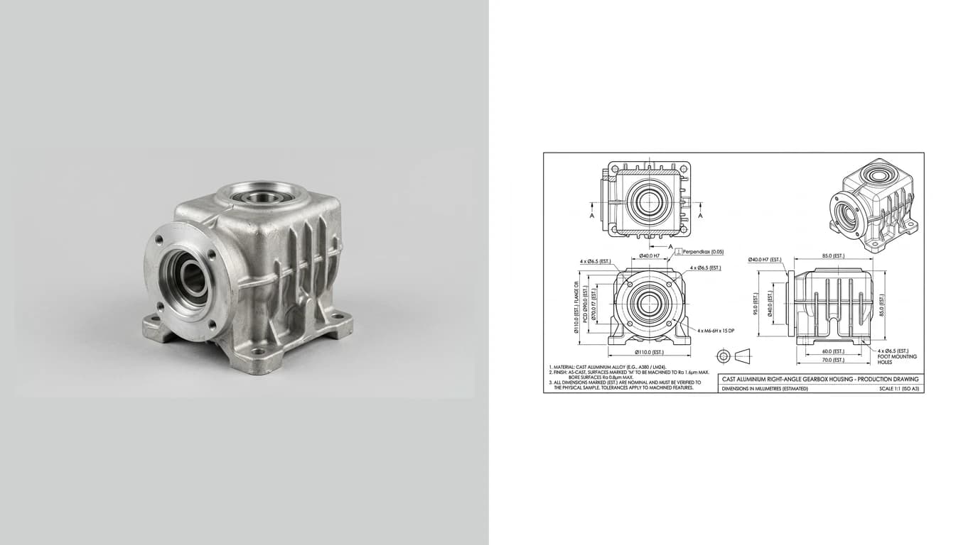A photo of a cast aluminium right-angle gearbox housing on the left and the dimensioned production drawing generated from it on the right, with front, top, side and isometric views