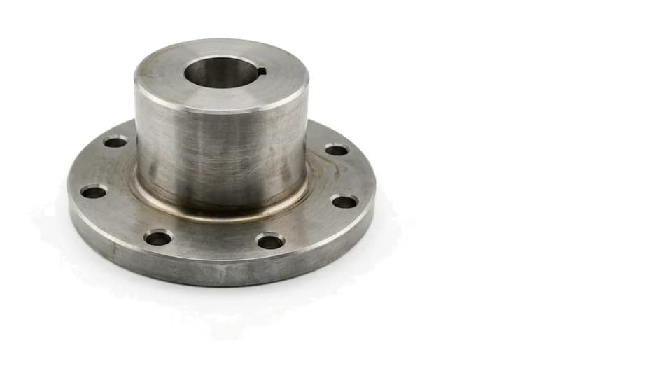 A machined steel flanged hub photographed on white