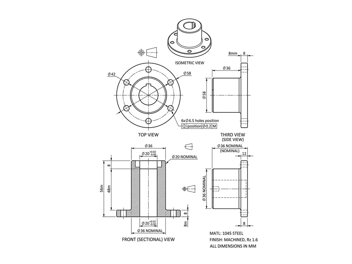 The finished dimensioned working drawing of the hub adapter with views and tolerances