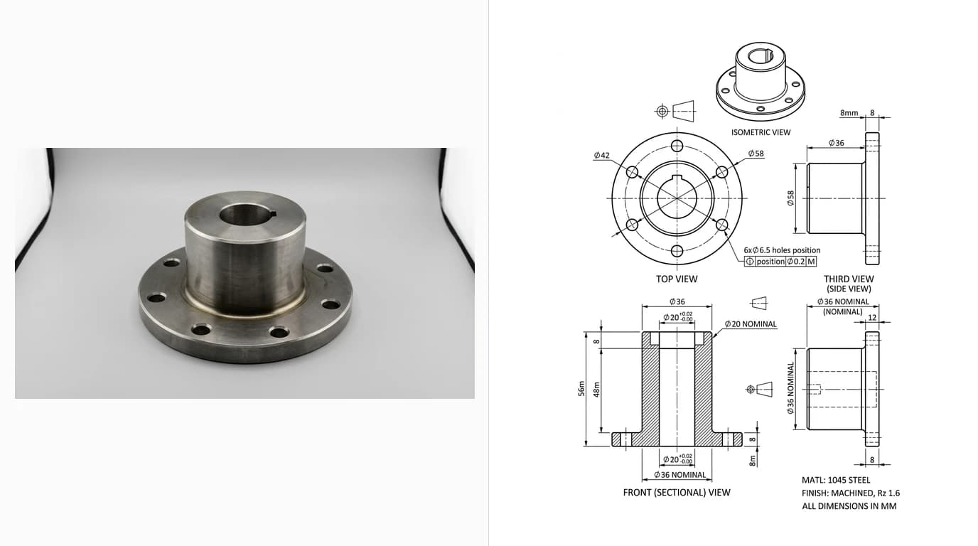 A photo of a machined steel flanged hub adapter on the left and the dimensioned working drawing generated from it on the right