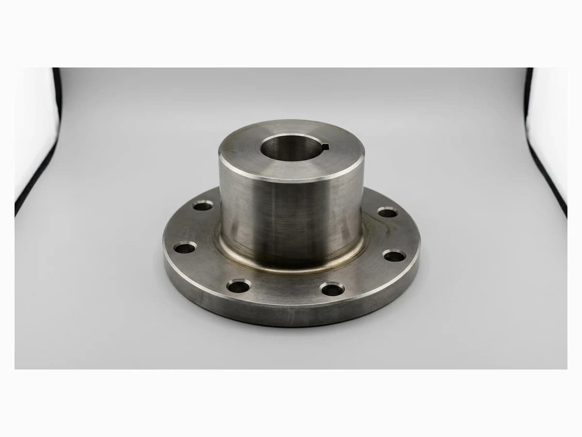 A machined steel flanged hub adapter photographed on a plain background, ready to upload
