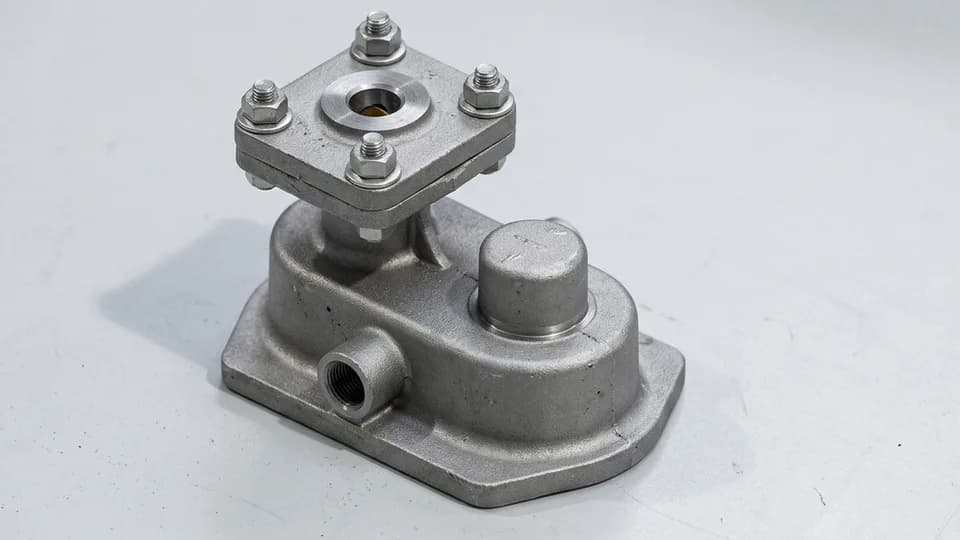 A cast valve body photographed on a plain background