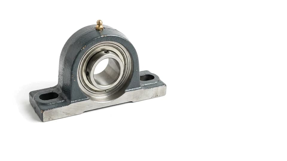 A cast iron pillow block bearing photographed on white
