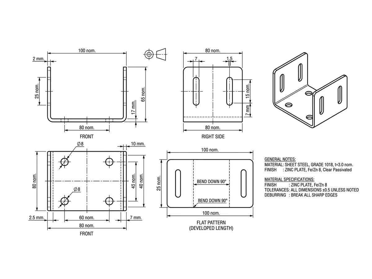 The finished sheet metal drawing of the bracket with orthographic views and a flat pattern