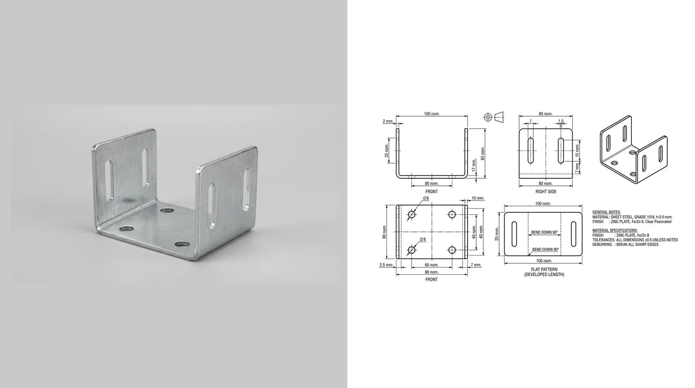 A photo of a bent sheet steel mounting bracket on the left and its dimensioned drawing with a flat pattern view generated from it on the right