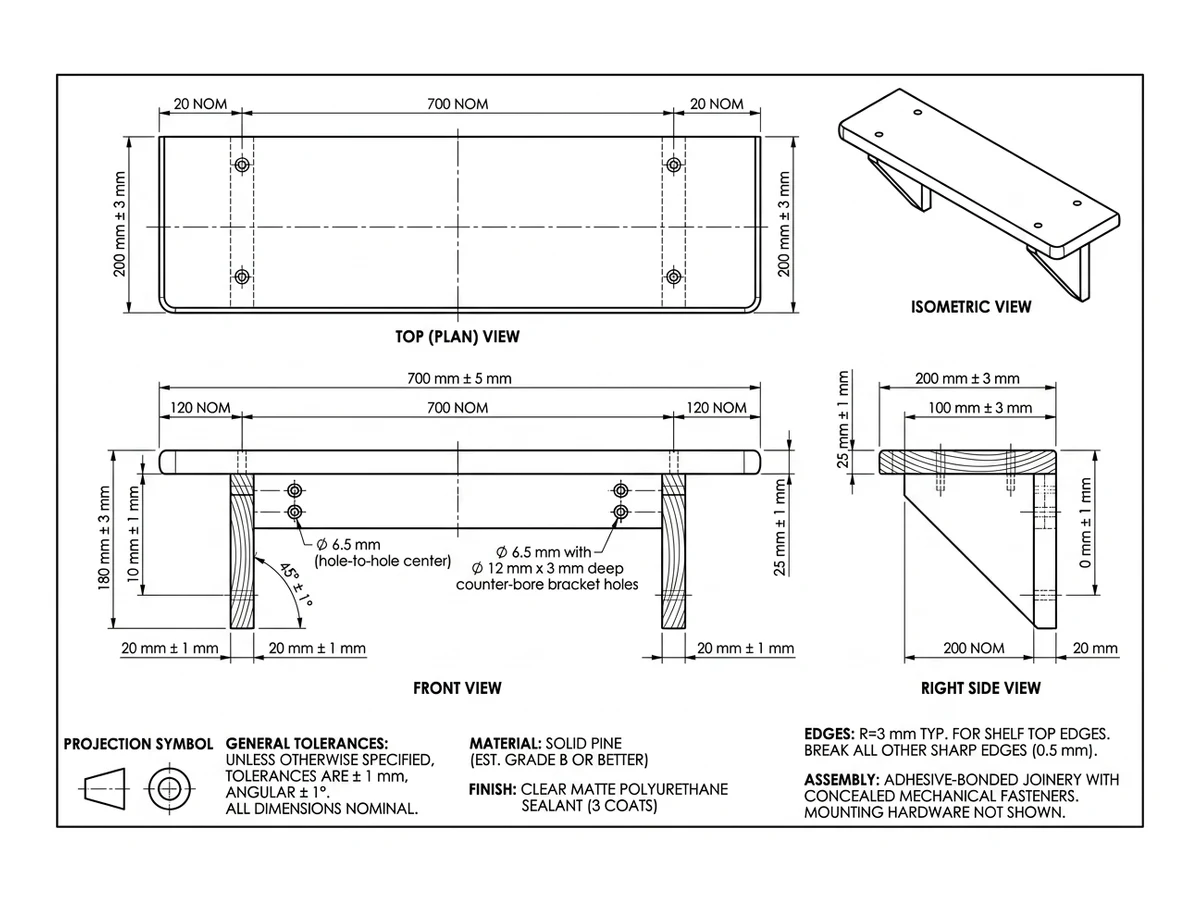 The finished dimensioned woodworking drawing of the wall shelf with views and callouts