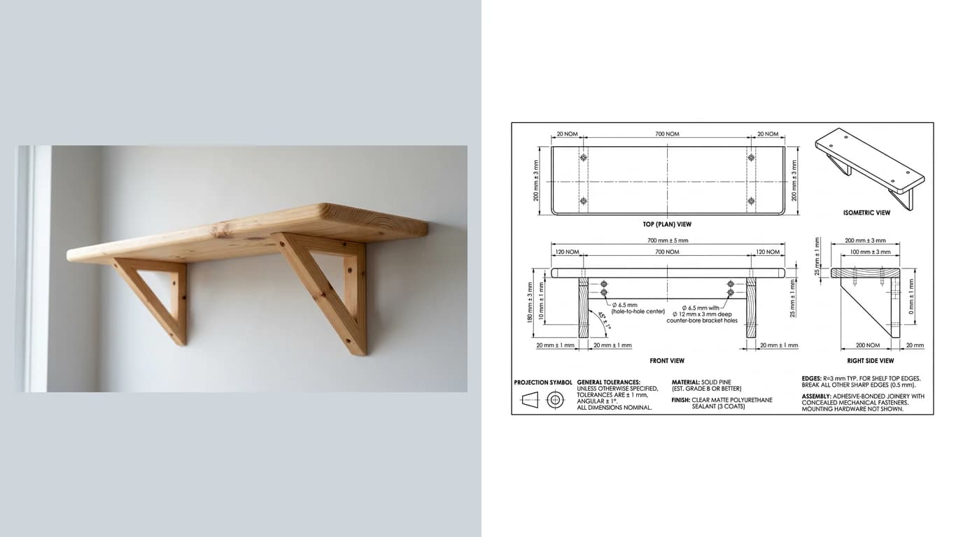 A photo of a wooden wall shelf with angled brackets on the left and the dimensioned woodworking drawing generated from it on the right