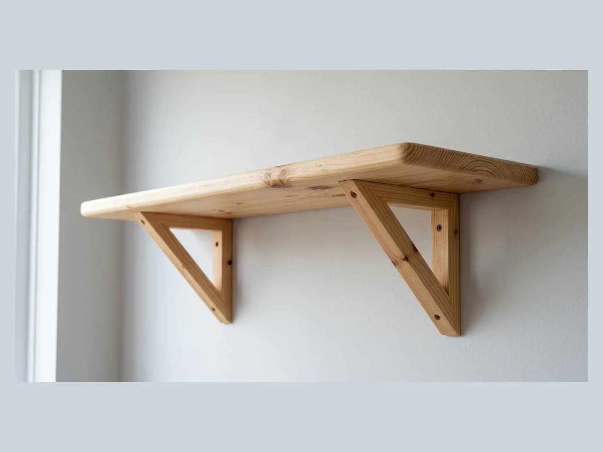A wooden wall shelf with two angled support brackets photographed against a plain wall
